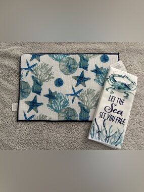Coastal Starfish Bathroom Towel - Blue and Drying Mat